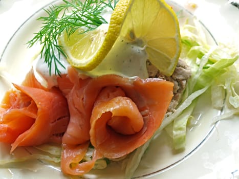 Fresh smoked salmon served with sauce and dill      