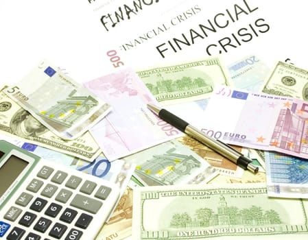 Dollar, euro, lat banknotes, calculator, pen and financial crisis