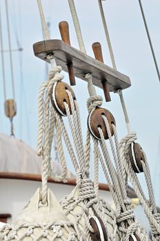 Close-up of wooden tools and ropes of a boat