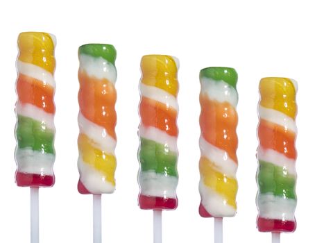 Five lollipop sticks isolated over white background.