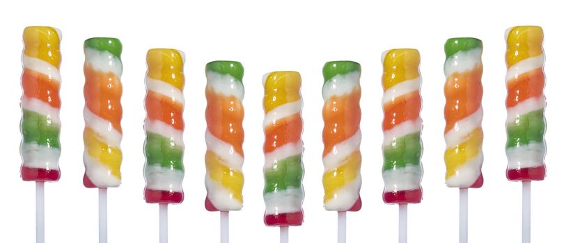 Nine lollipop sticks on a V shape isolated over white background.