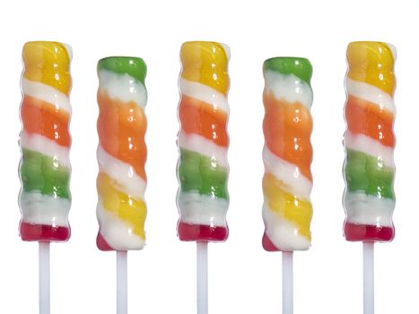 Five lollipop sticks isolated over white background.