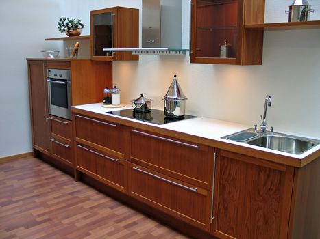 Modern design kitchen with hardwood elements metal and glass