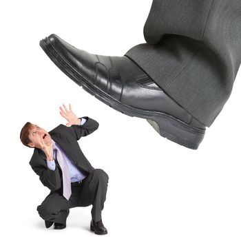 Big foot of crisis crushes small entrepreneur isolated on white