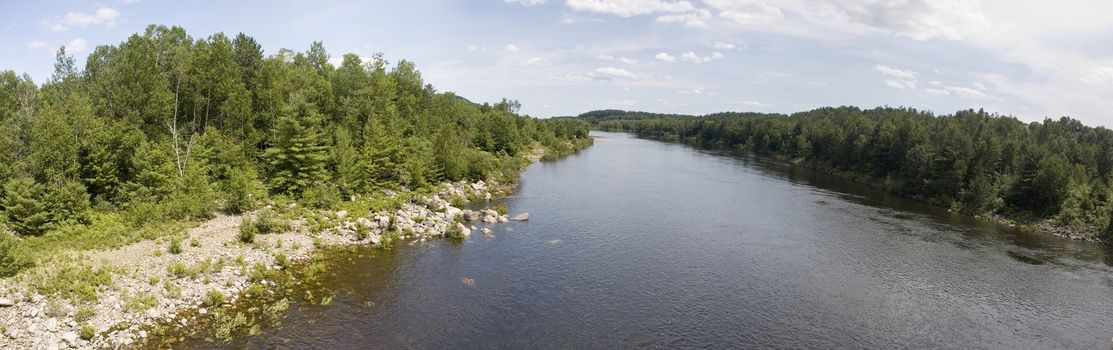 panoramic view of a river surrounded by forests