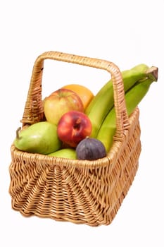 Fresh fruits in a basket on white background
