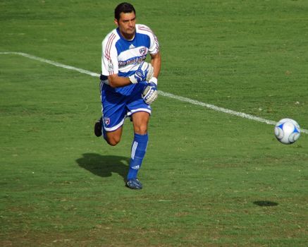 FC Dallas Hoops goalkeeper, Dario Sala chases the soccer ball during a game with the LA Galaxy on July, 27, 2008 in Frisco, Texas.
