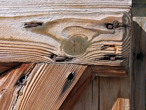 Old wood parts of an old structure in close up view