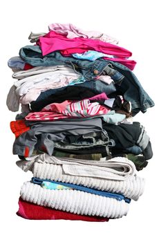 High stack of laundry isolated on white with clipping path