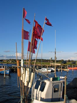 Details of a small fishing boat with special flag indicators for the net