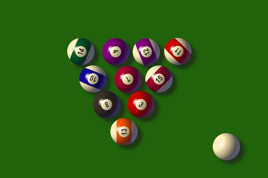 triangle of ten pool balls on a green background