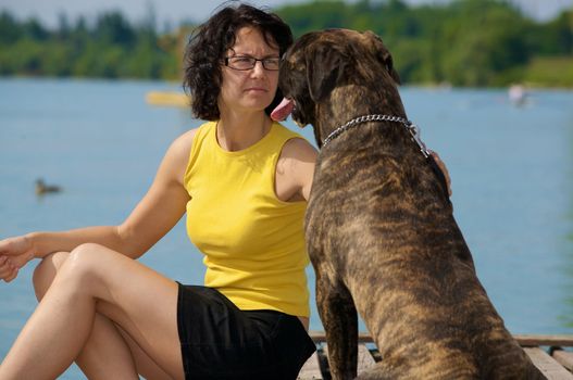 A bullmastiff sitting with his mine-host on a gang-board.