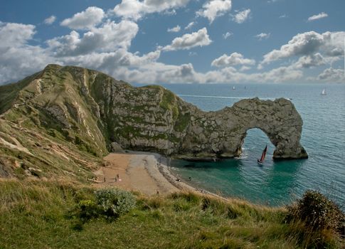 Durdle Door, a limestone arch on the Dorset coast in England.