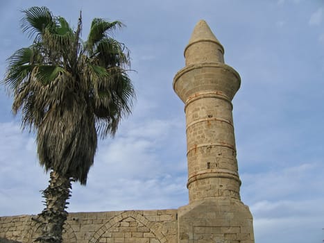 Details of an old mosque tower with palm tree next to it