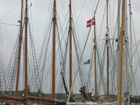 Line of old tall ships with masts up