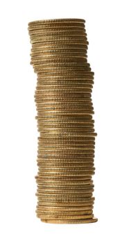 Large stack of golden coins isolated on white with clipping path