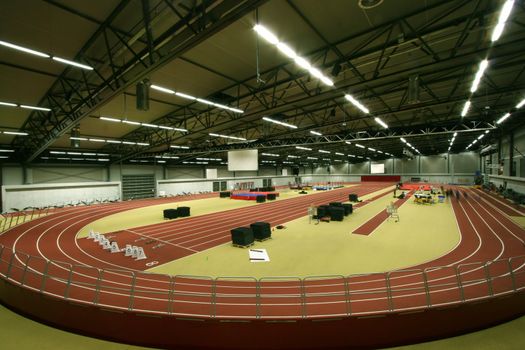 Wide angle view of an indoors sports facility