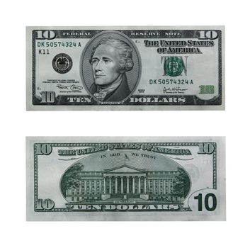 Both sides of the ten dollar bill isolated on white with clipping path