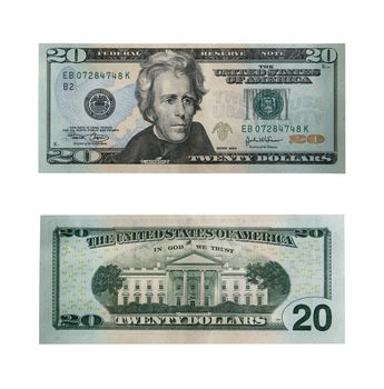 Both sides of the twenty dollar bill isolated on white with clipping path - large file