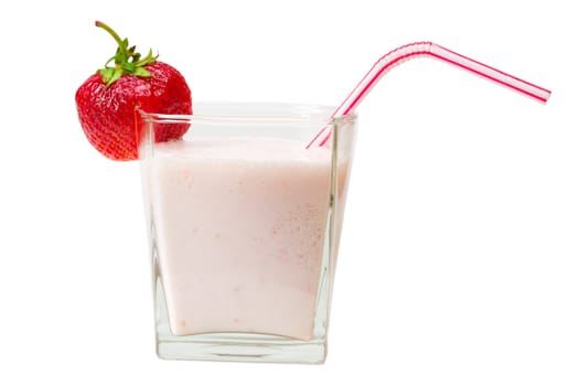 close-up fresh strawberry milkshake, isolated on white