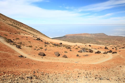 Tenerife Teide landscape. A view of the hiking path at Monta�a Blanca within the national park showing a lot of the black Teide eggs or in spanish: Los Huevos del Teide.