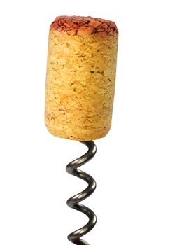 Cork from red wine and a corkscrew on a white background
