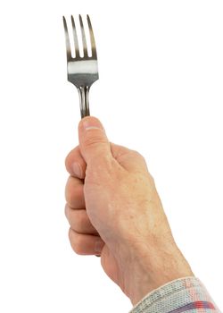 Man's hand holding a fork on a white background