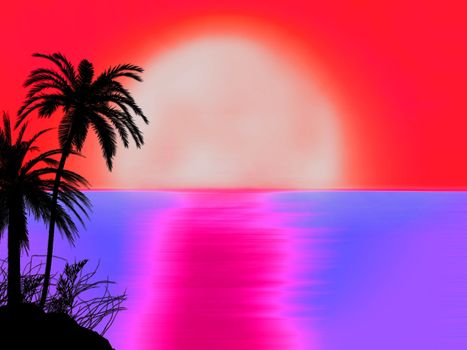 miami 70s style red dusk sunset sunrise with tree silhouette illustration