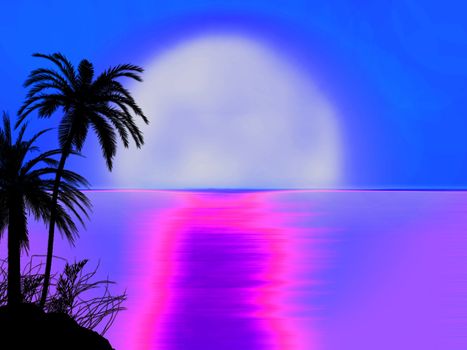 blue 70s style miami sunset sunrise with tree silhouette illustration