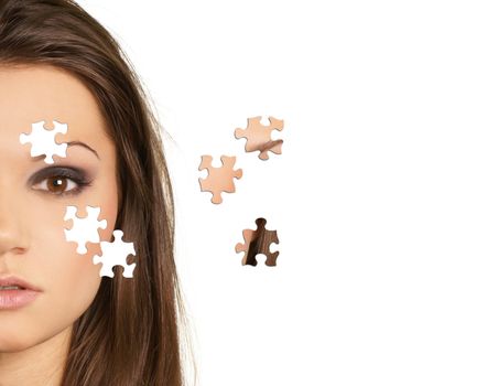 Attractive latino woman isolated on white  with a lot of copy-space puzzle   