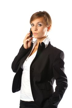 Young attractive businesswoman on cellphone isolated on white            