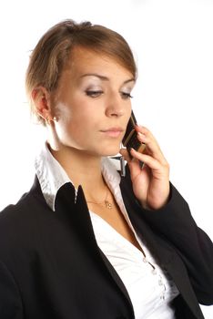Young attractive businesswoman on cellphone isolated on white            