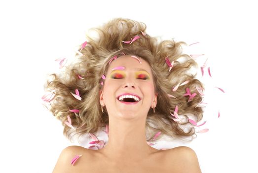 Young beautiful woman dreaming on white      