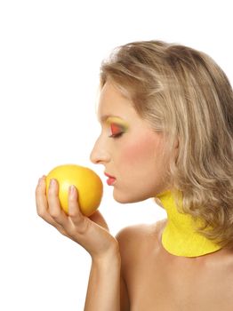 Young beautiful woman eating grapefruit isolated on white      