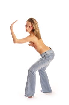 Beautiful woman dancing  isolated on white                 