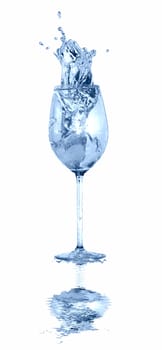 Goblet of cool splashing water with ice isolated on white background with clipping path