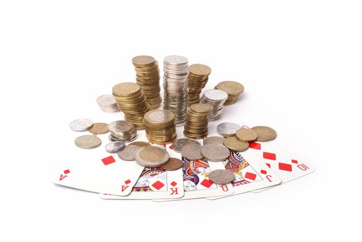 Golden coins and royal flush combination isolated on white background         