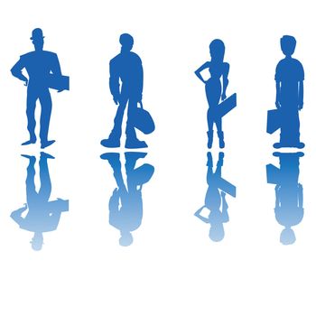 Stylized silhouettes of four business people, cartoon sketch