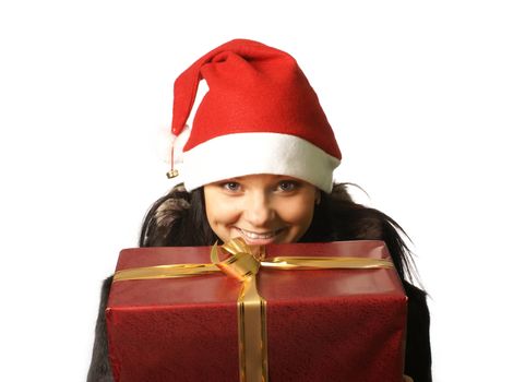 Young attractive adult female with big present isolated on white             