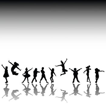 Happy kids, hand drawn silhouettes of children dancing and playing
