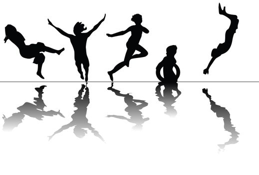 Children swiming- stylized silhouettes of children jumping and swimind