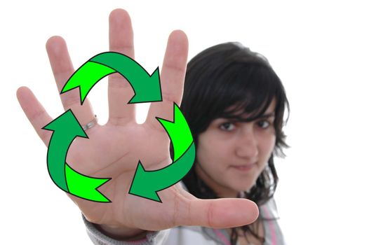 young beautiful girl say stop to recycle