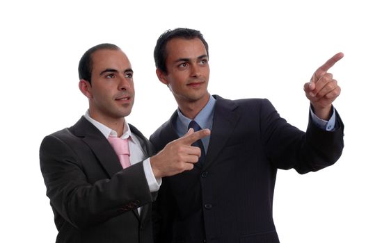 two young business men portrait poiting on white