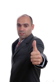 bald businessman thumb up isolated over white background