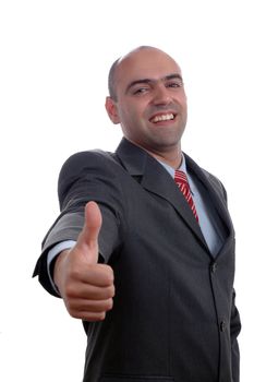 bald businessman thumb up isolated ove white background