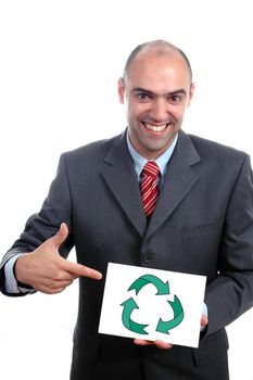 young businessman pointing to white board