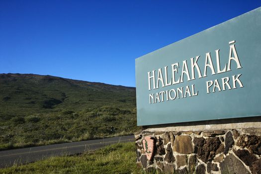 Haleakala National Park entrance sign in Maui, Hawaii.