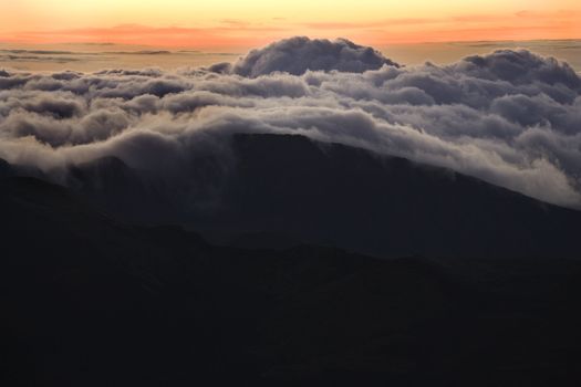 Aerial of sunrise in Haleakala National Park, Maui, Hawaii.