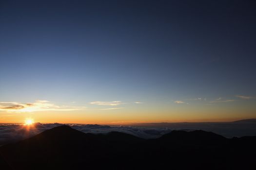 Aerial of sunrise in Haleakala National Park in Maui, Hawaii.