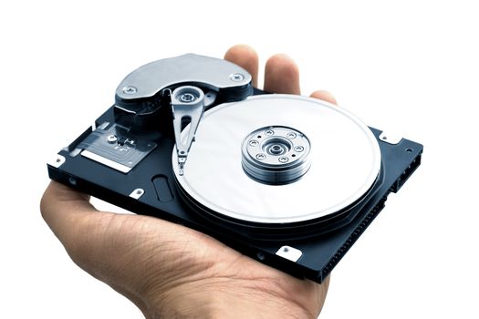 Hand with a open hard disk drive